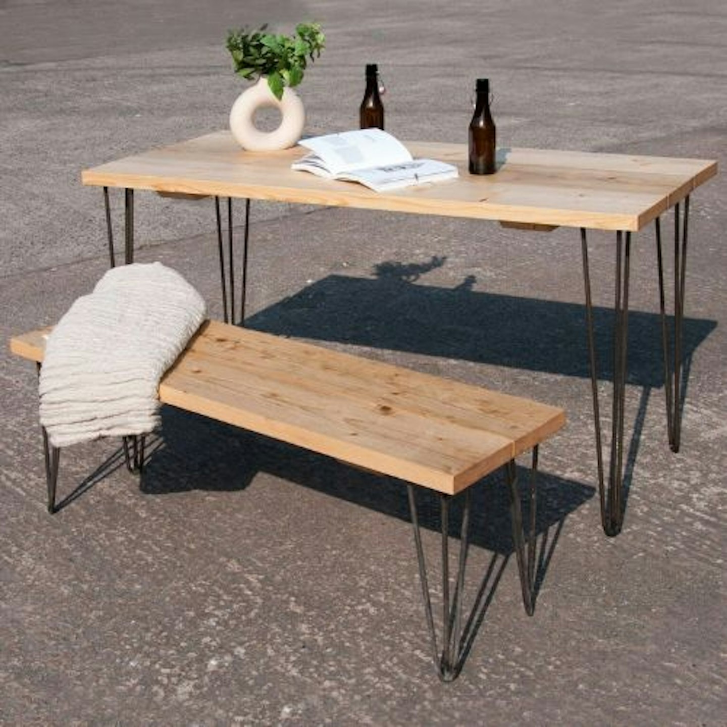Reclaimed Outdoor Dining Table and Bench Set with Hairpin Legs