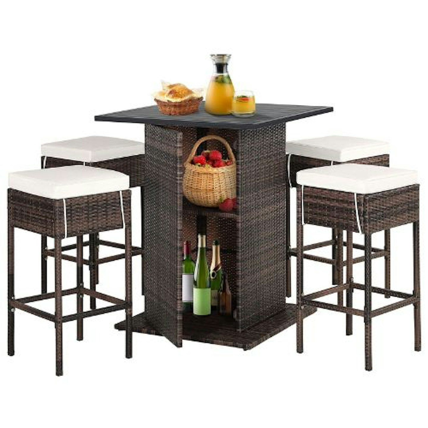 5 Piece Rattan Bar Set Wicker Bar Dining Table and 4 Bar Stools