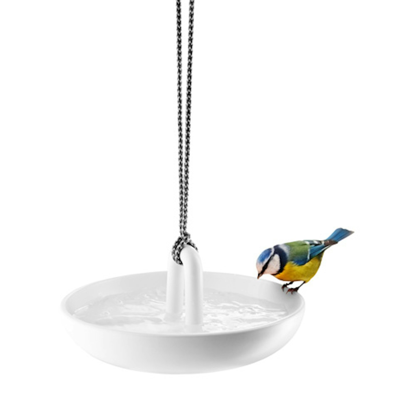 white hanging bird bath