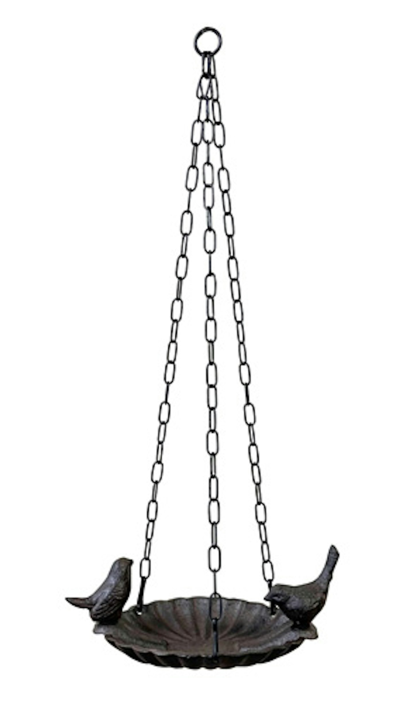 black hanging bird bath on chain
