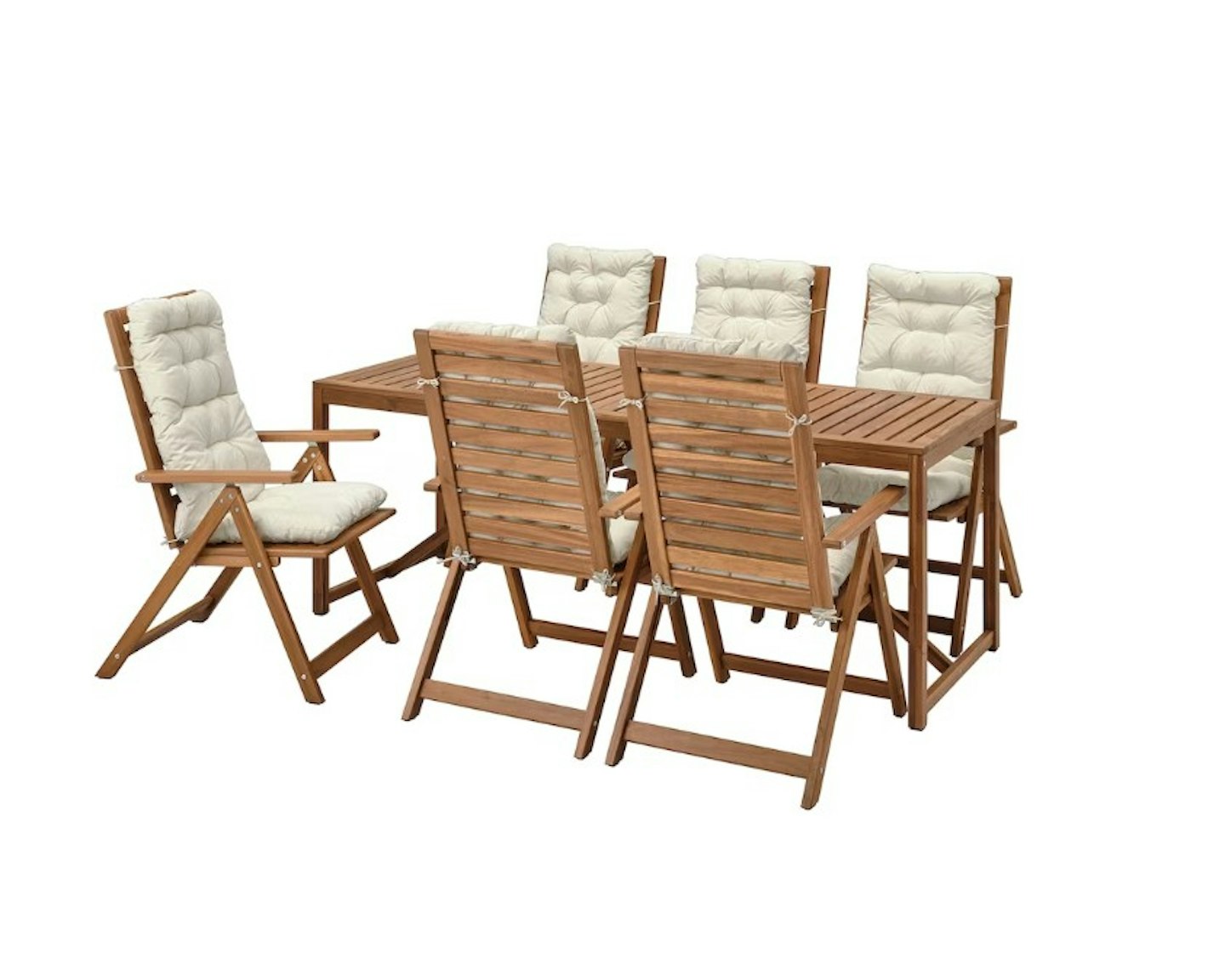 NÄMMARÖ Table+6 reclining chairs, outdoor, light brown stained/Kuddarna beige