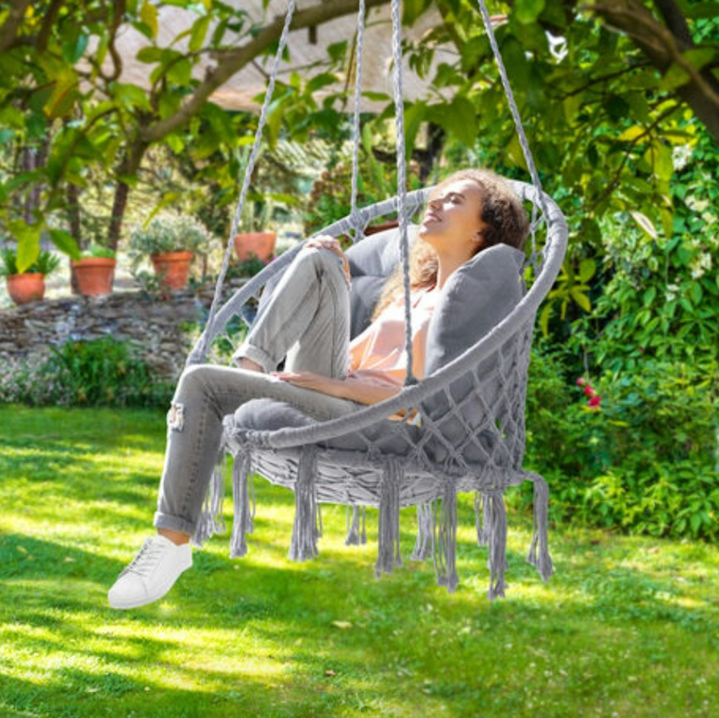 DETEX Hanging Chair With 2 Pillow 150kg Load Capacity 60cm Weatherproof 360° Swing Indoor Outdoor Hanging Seat Boho Style Light Grey