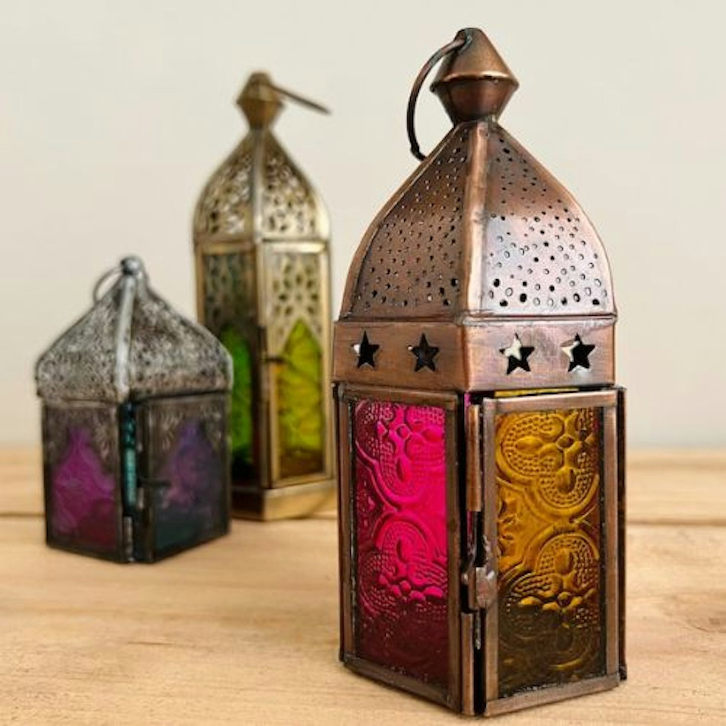 Handmade Recycled Copper Coloured Metal and Glass Lanterns