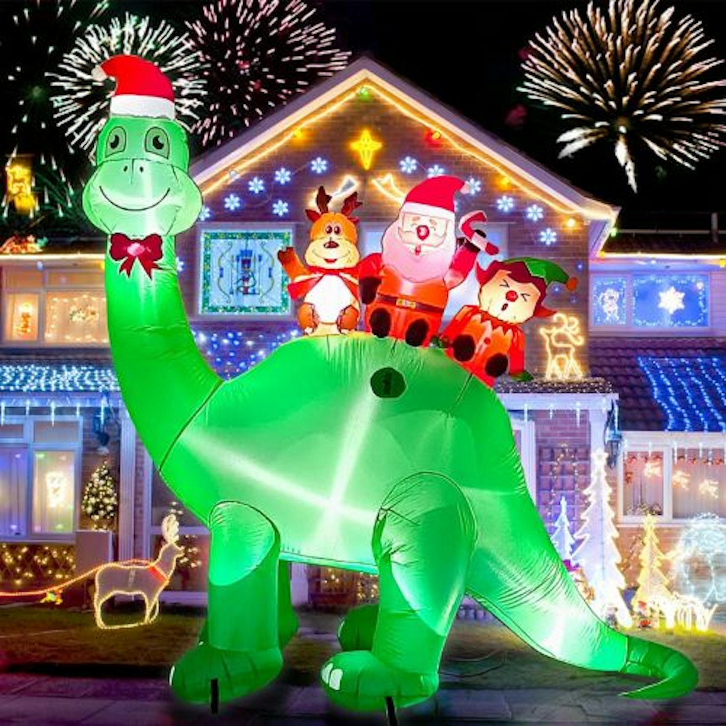 6.7 Feet Tall Christmas Inflatables, Kalolary Christmas Inflatables Dinosaur with Elf Reindeer Santa Claus Blow up Xmas Outdoor Indoor Decoration for Home...