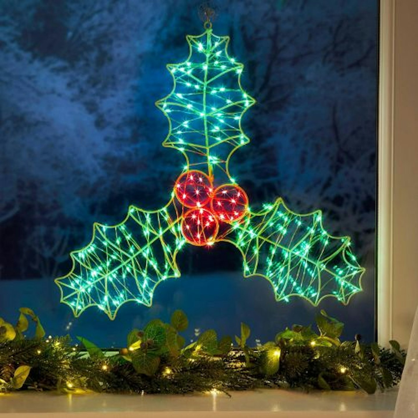 Christow Holly Berry Christmas Light, 45cm Wall Window Decoration, Micro LED Silhouette, Indoor Outdoor, Mains Operated