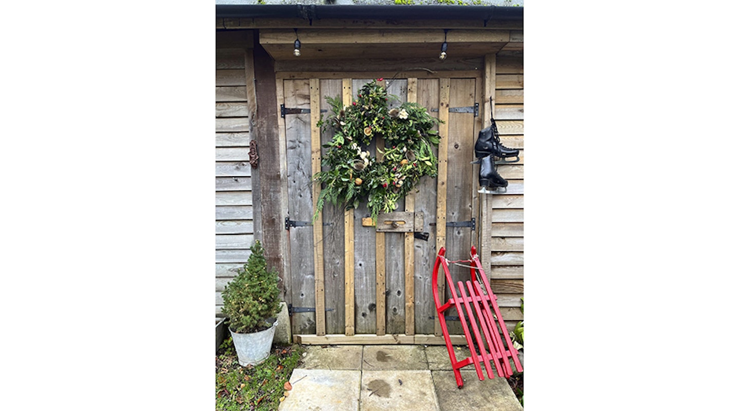 wreath on shed door