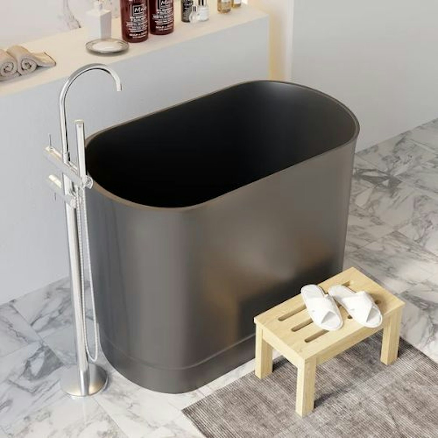 Modern Oval Freestanding Black Stone Japanese Soaking Bath