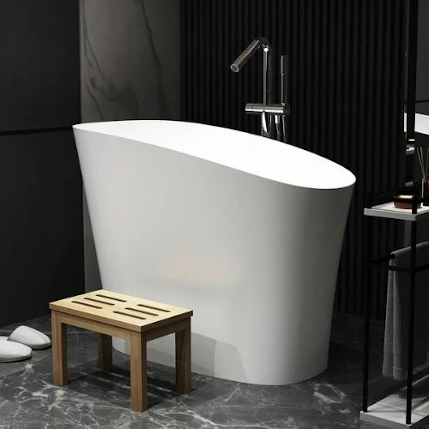 Oblique Freestanding White Resin Japanese Soaking Bath