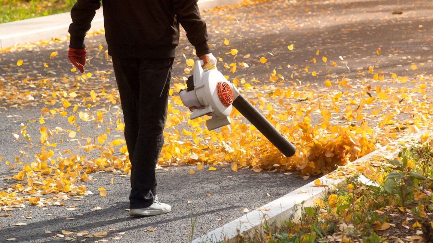 Man removes leaves from road with a petrol leaf blower