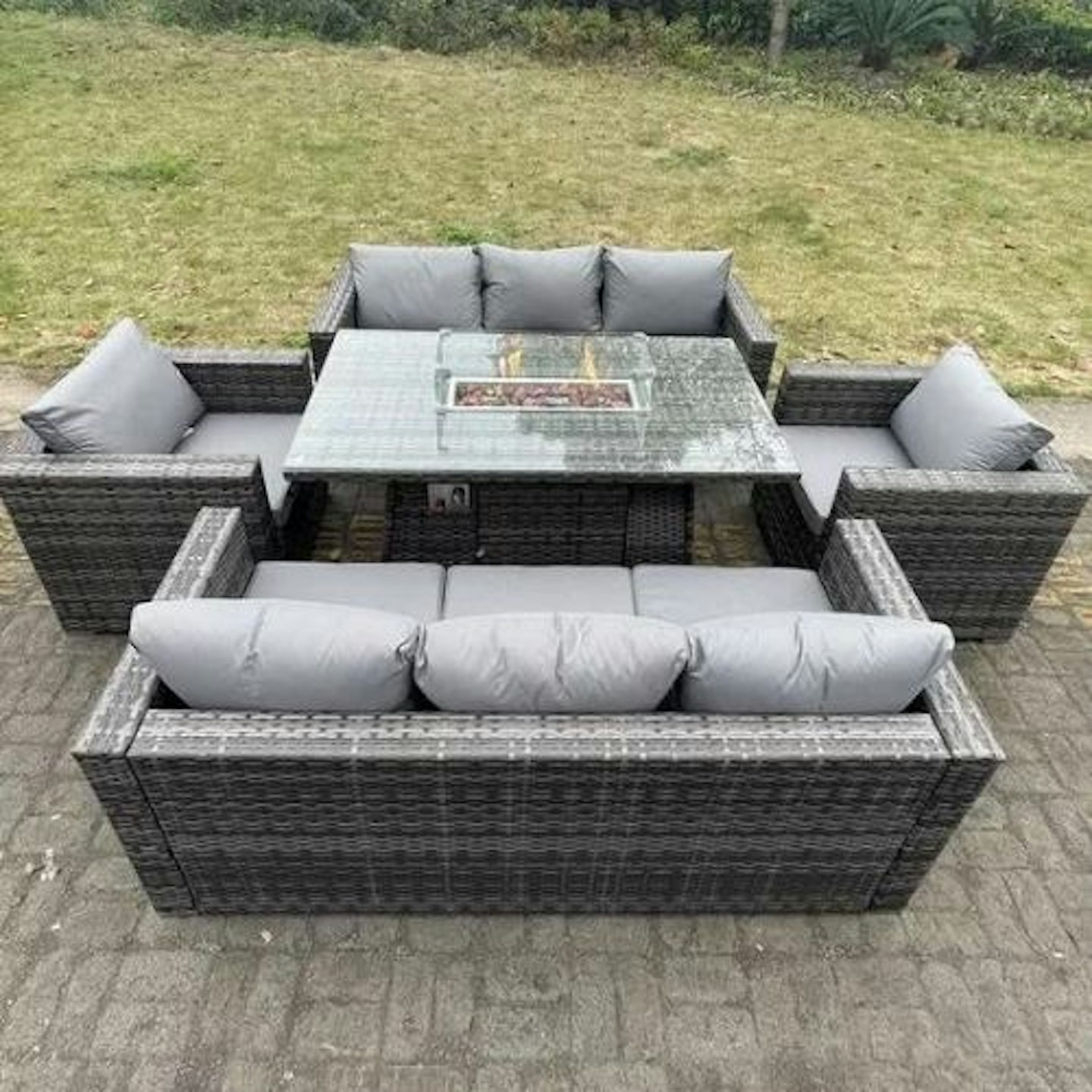 Fimous 8 Seater Outdoor PE Rattan Garden Furniture Gas Fire Pit Set