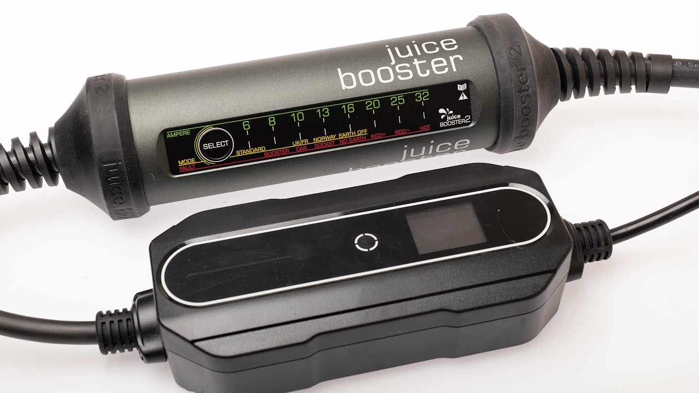 A Juice Booster 2 alongside a third-party unbranded EV charger