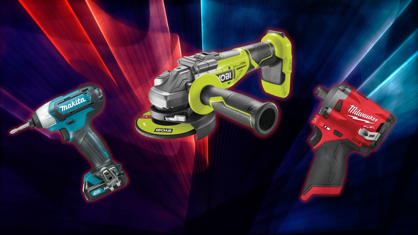 A selection of black friday power tool deals on a laser background