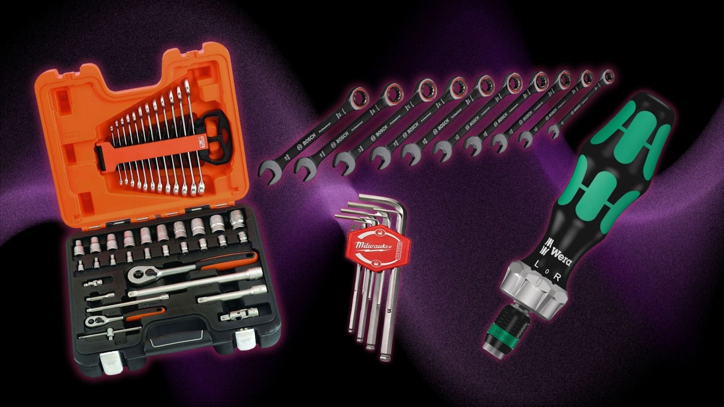 A selection of tool deals on a a purple backdrop