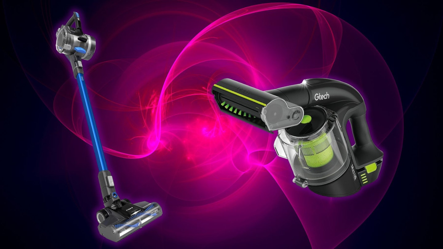 A selection of Black Friday cordless vacuum deals on a purple background