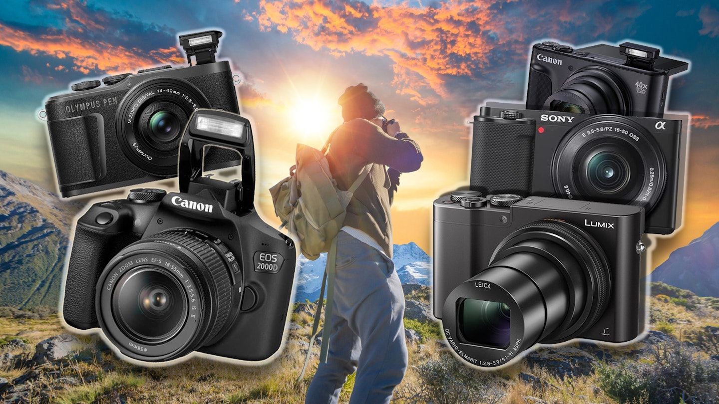 some of the best entry-level cameras and a man taking a photo of a landscape