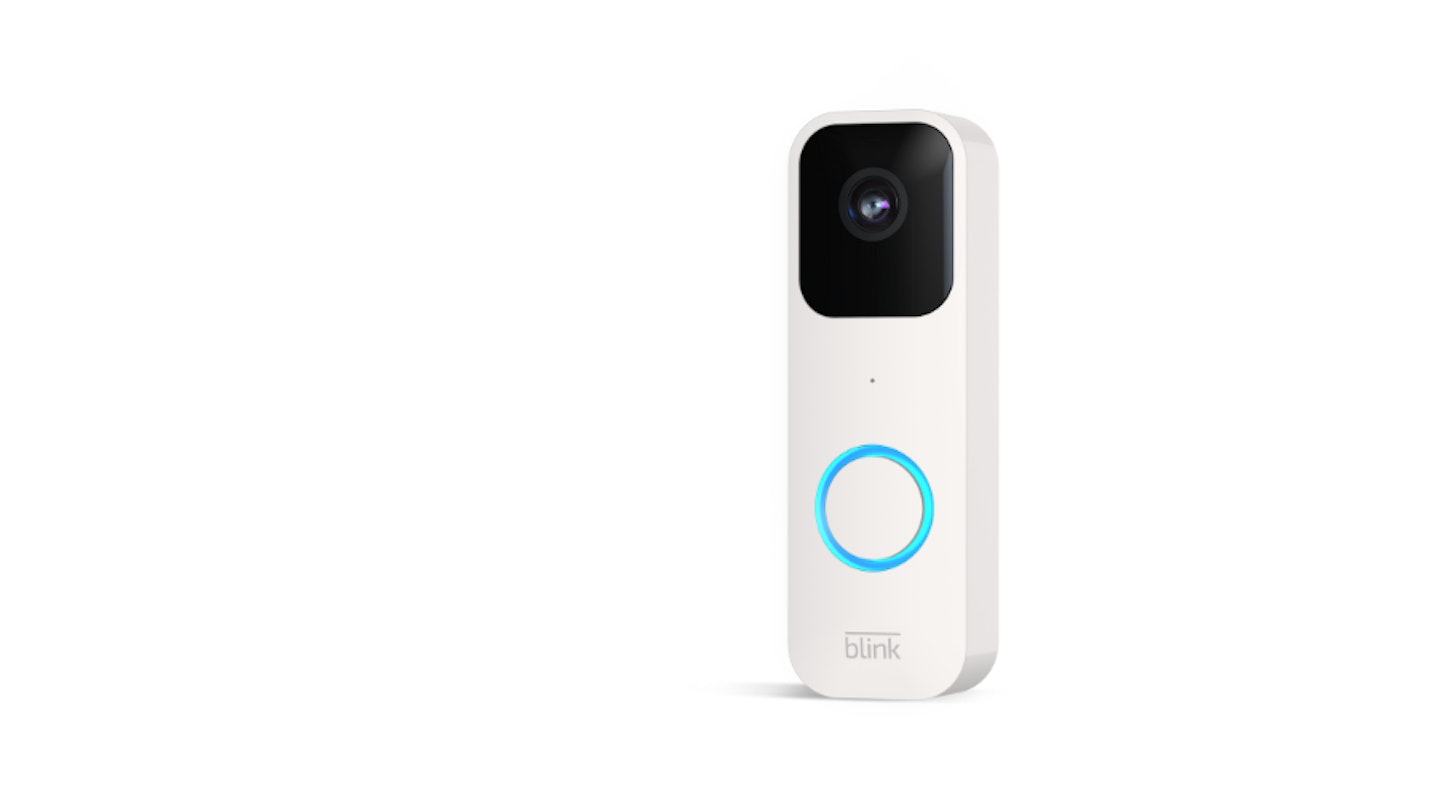 A white Amazon Blink video doorbell