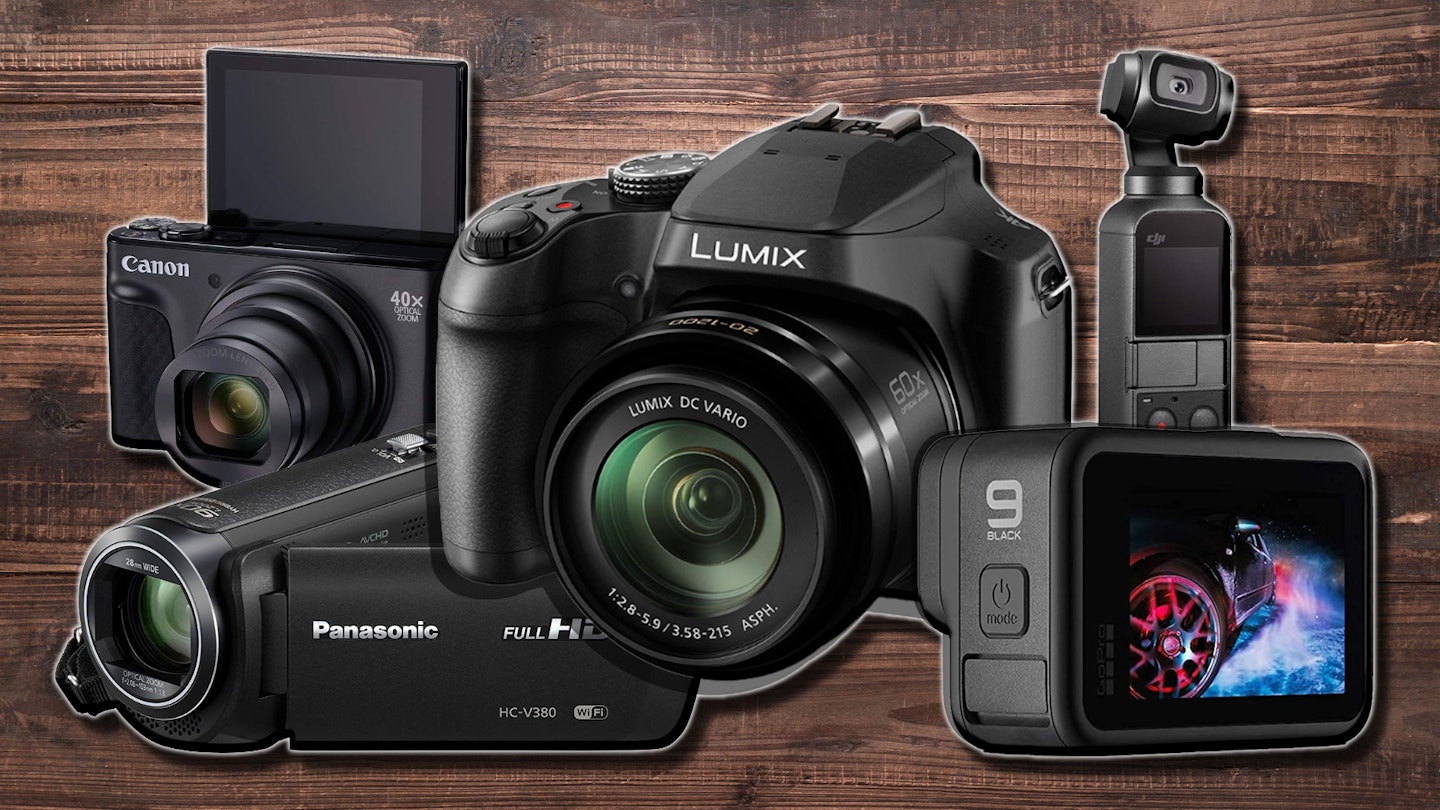 Five of the best low-budget video cameras on a table