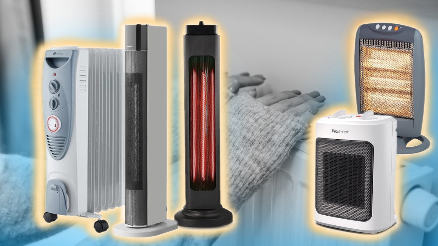 some of the best energy-efficient electric heaters and someone's hands on a radiator