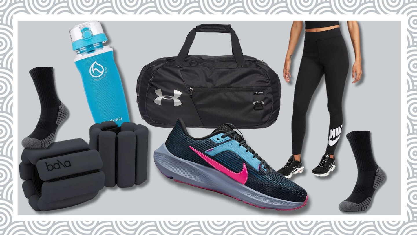 A selection of the best gym essentials, including Nike trainers, Nike leggings and Hydracy water bottle.