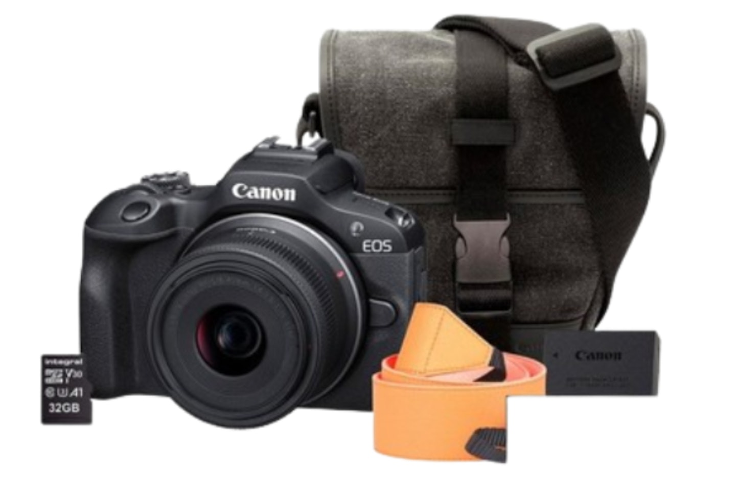 Canon EOS R100 APS-C Camera Kit inc RF-S 18-45mm Lens, 32GB SD Card, Battery, Neck Strap & Case