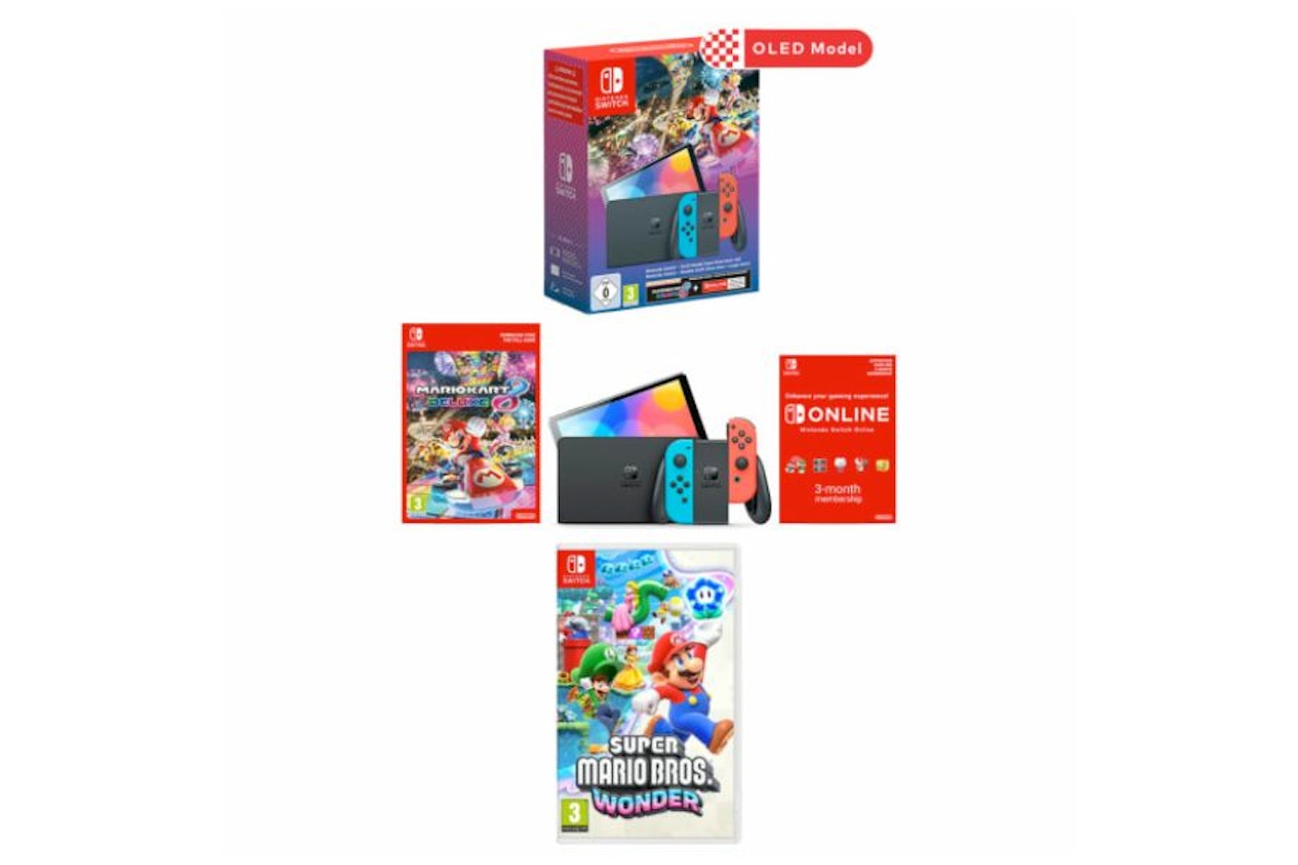 Nintendo Switch OLED with Mario Kart 8 Deluxe, Super Mario Bros. Wonder and Switch Online Bundle 