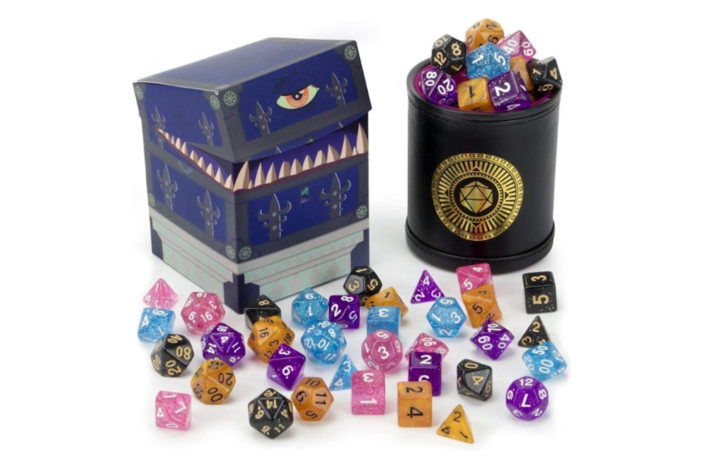 Wiz Dice Cup of Wonder: 5 Sets of 7 Premium Glitter Polyhedral Role Playing Gaming Dice - one of the best gifts for gamers