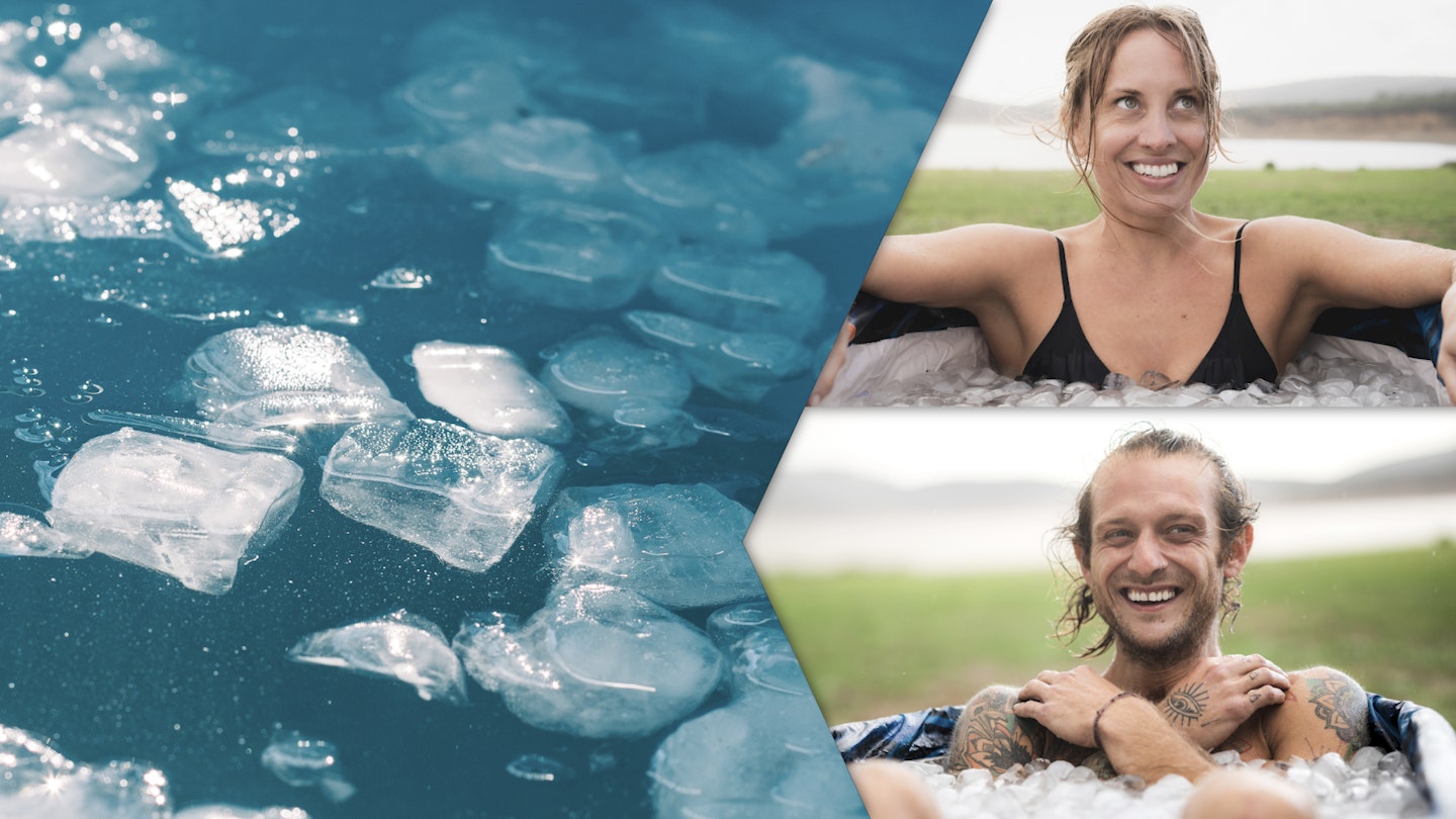 Two people in cold water therapy tubs with ice in background