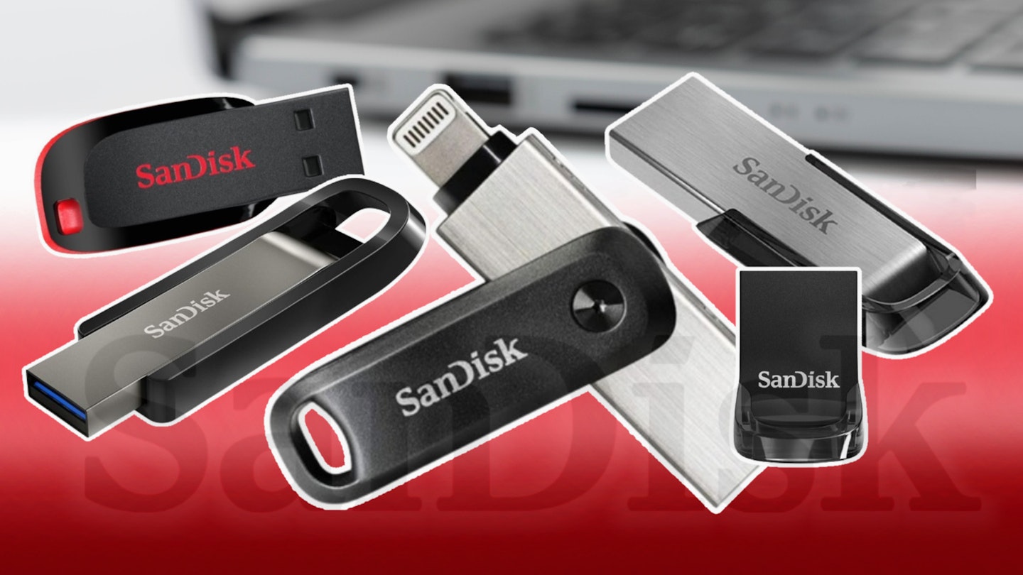 several examples of the best SanDisk USB stick in front of a laptop