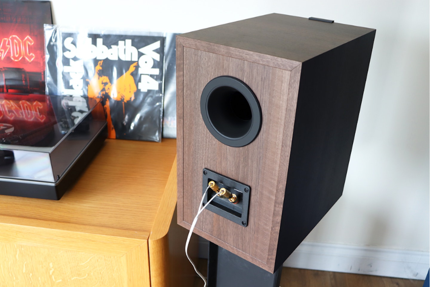 Back panel of the KEF Q350 bookshelf speakers