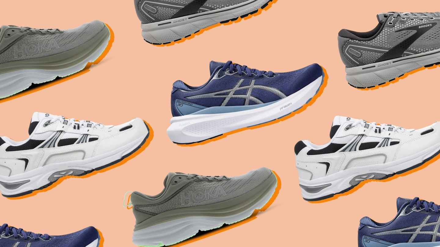 A selection of the best trainers for flat feet on an orange background.