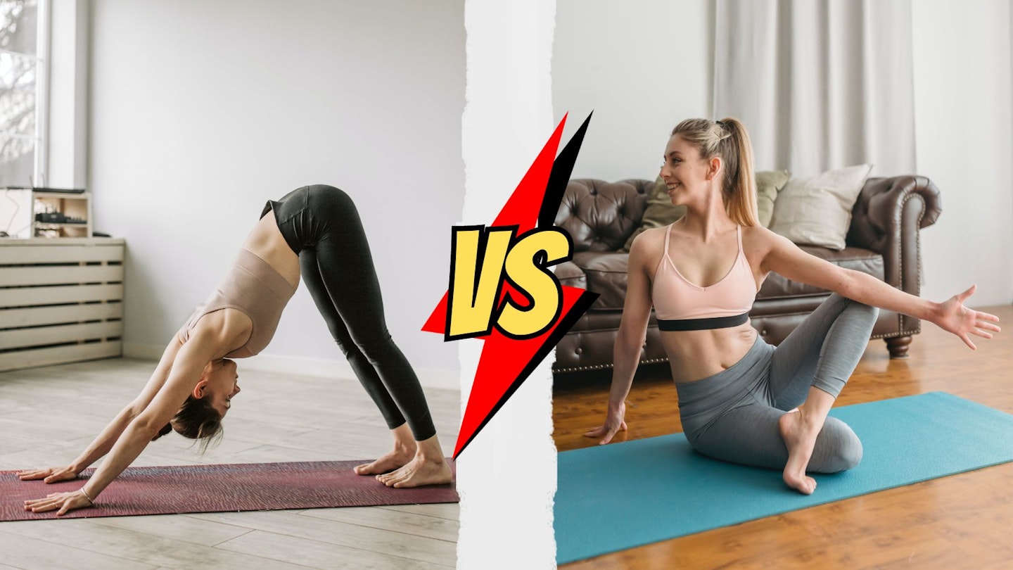 The battle between Pilates vs Yoga. A woman is pictured doing practices from both classes. Image Credit: Getty Images.
