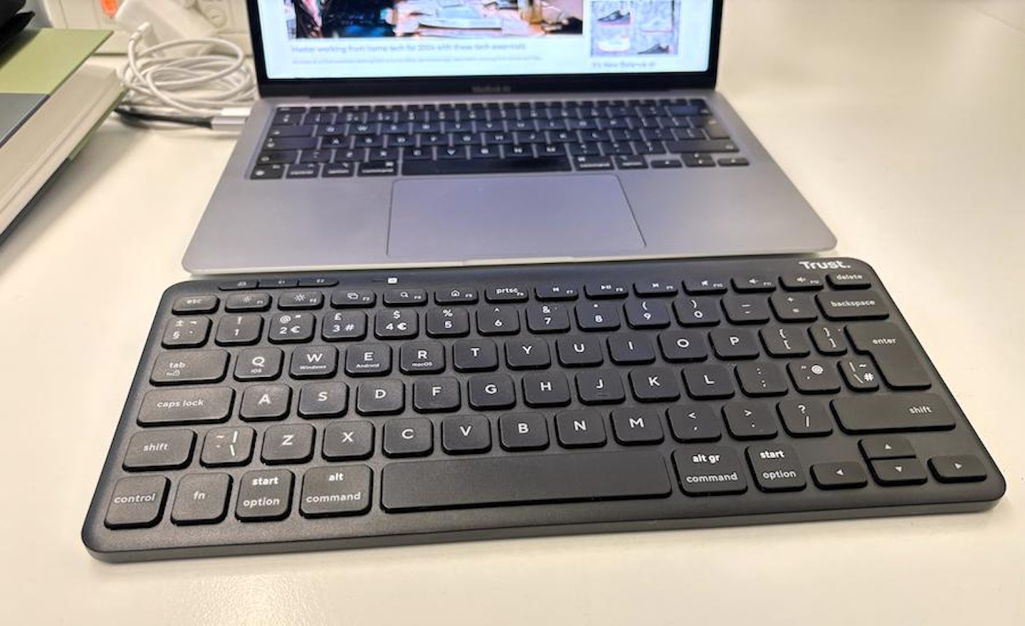 A Trust TKL Keyboard on a desk showing the space they save. Credit: What's The Best/William Lobley