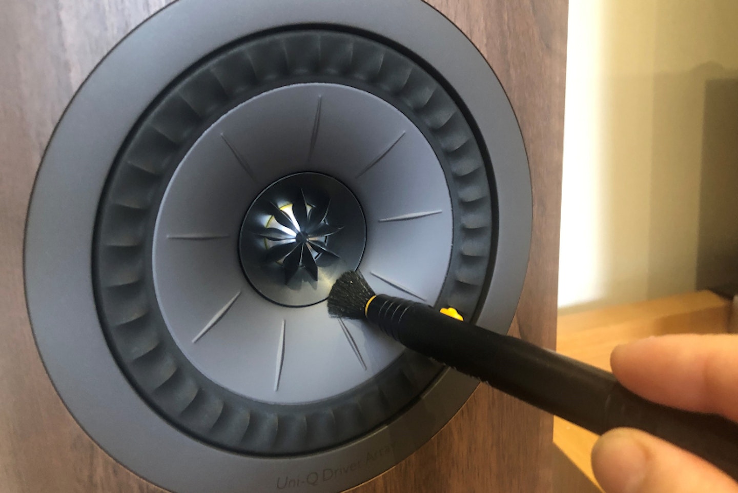 A BURSH CLEANING A SPEAKER CONE