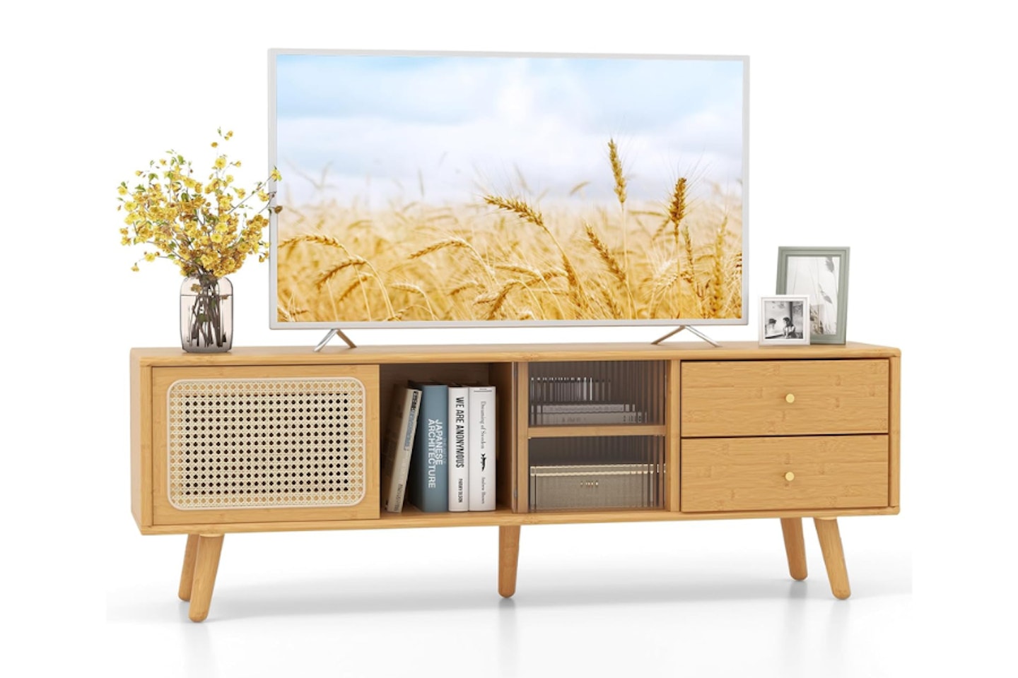 COSTWAY Bamboo TV Cabinet Media Entertainment Center