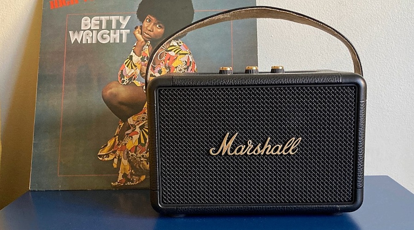 Marshall Kilburn II speaker. Betty Wright Danger! High Voltage! vinyl LP record in background. Best Marshall speaker for small spaces.