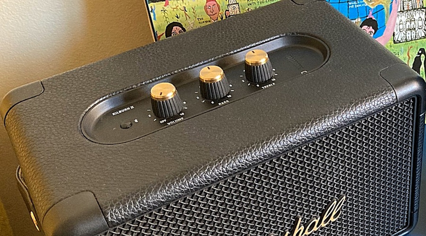 Marshall Kilburn II speaker. Talking Heads Little Creatures vinyl LP record in background. Best Marshall speaker for small spaces.