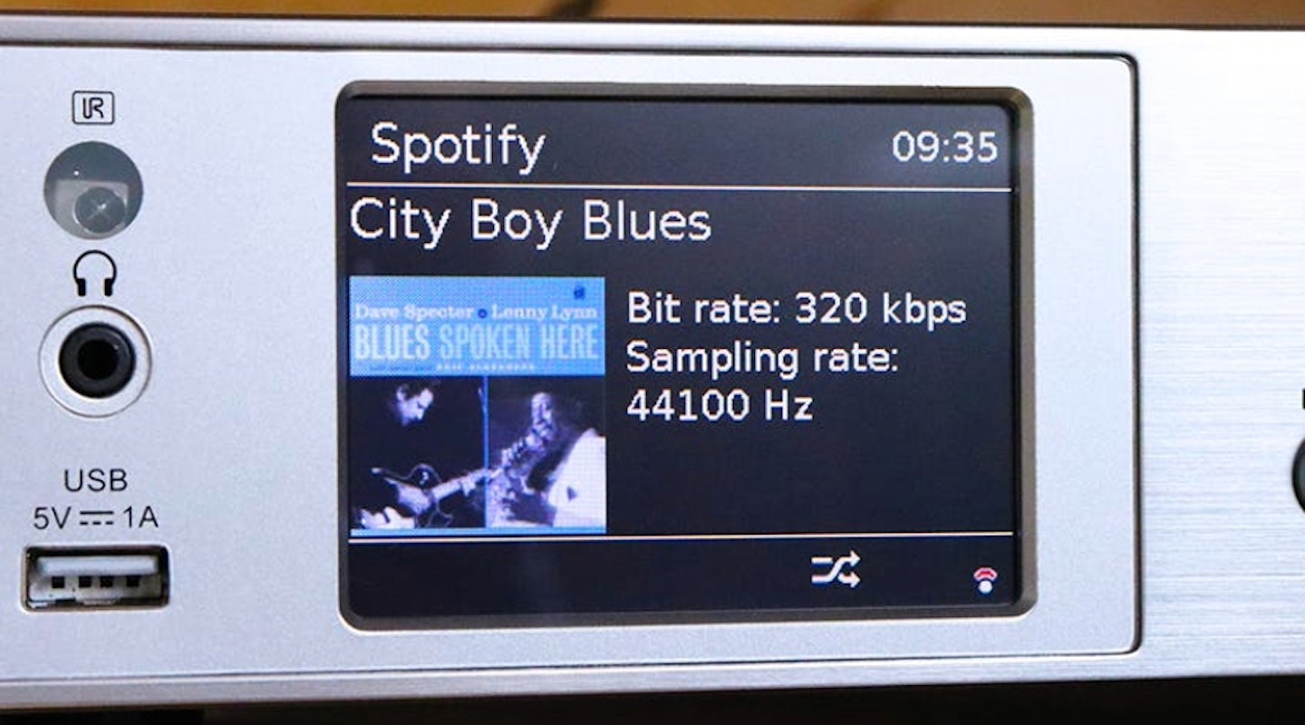 Majority Fitzwilliam 3. Hi-fi with DAB radio. Best DAB radios. Showing screen display – Spotify being played.