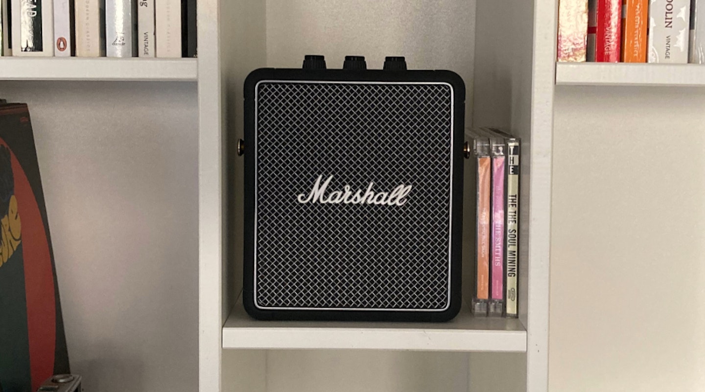 Marshall Stockwell II speaker. The best Marshall speakers. Best simple Marshall speaker. On shelf with CDs, books and vinyls.