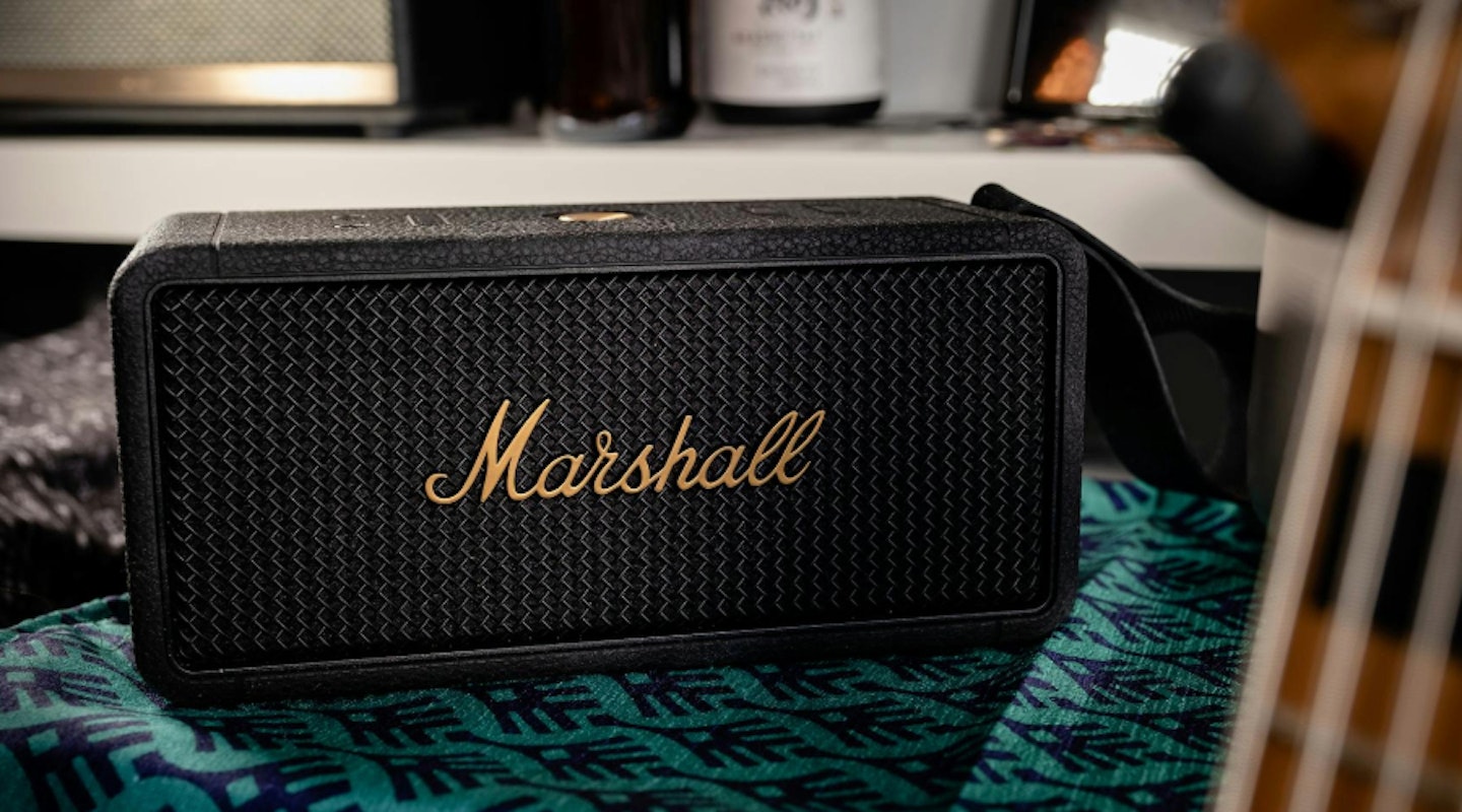 Marshall Middleton speaker. Portable and powerful speaker shown on table. Best Marshall speakers.