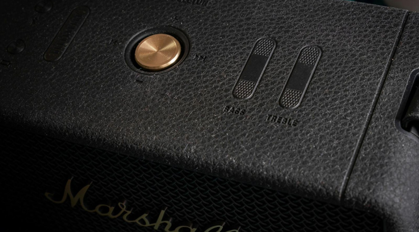 Marshall Middleton Bluetooth speaker. Top of speaker showing bass and treble controls.