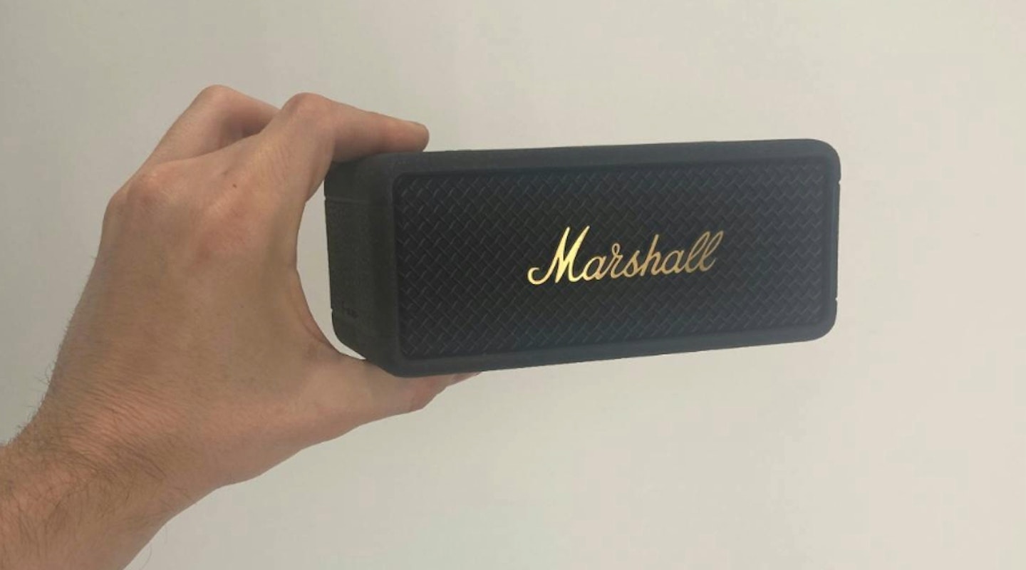 Marshall Emberton III being held in hand. Portable, Bluetooth speaker. Best Marshall portable speaker.