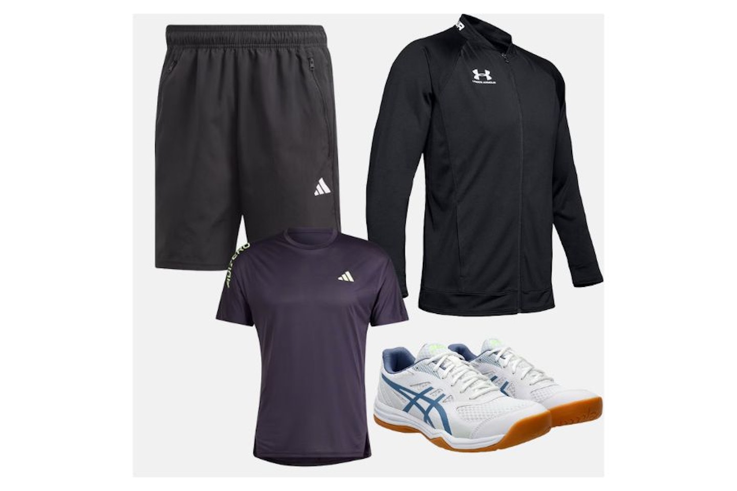 An example badminton outfit for men, including shorts, top, jacket and trainers