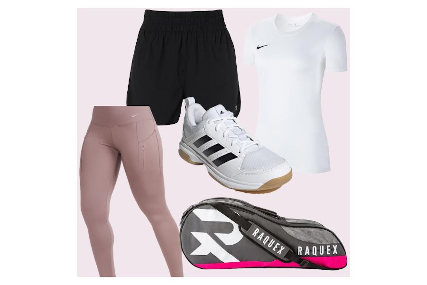 A example badminton outfit for women, including trainers, leggings, shorts, top and bag.