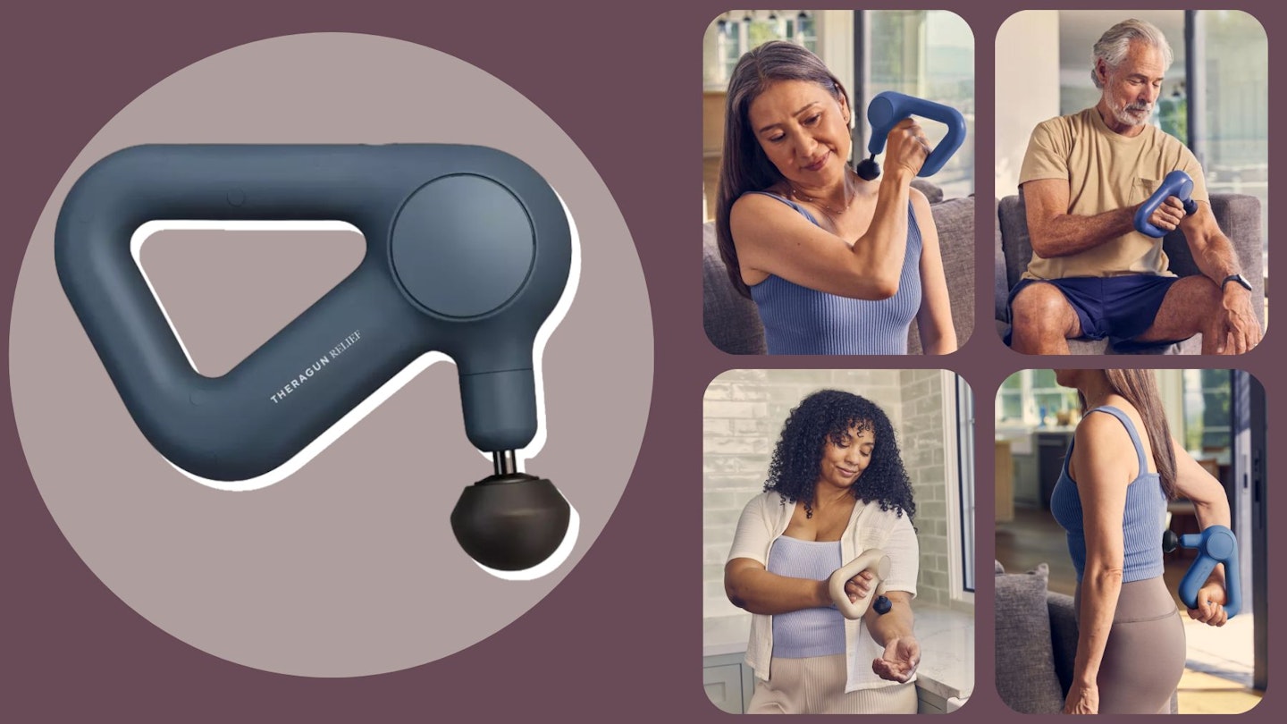 New Therabody massager - the Relief pictured alongside three women and a man using it.