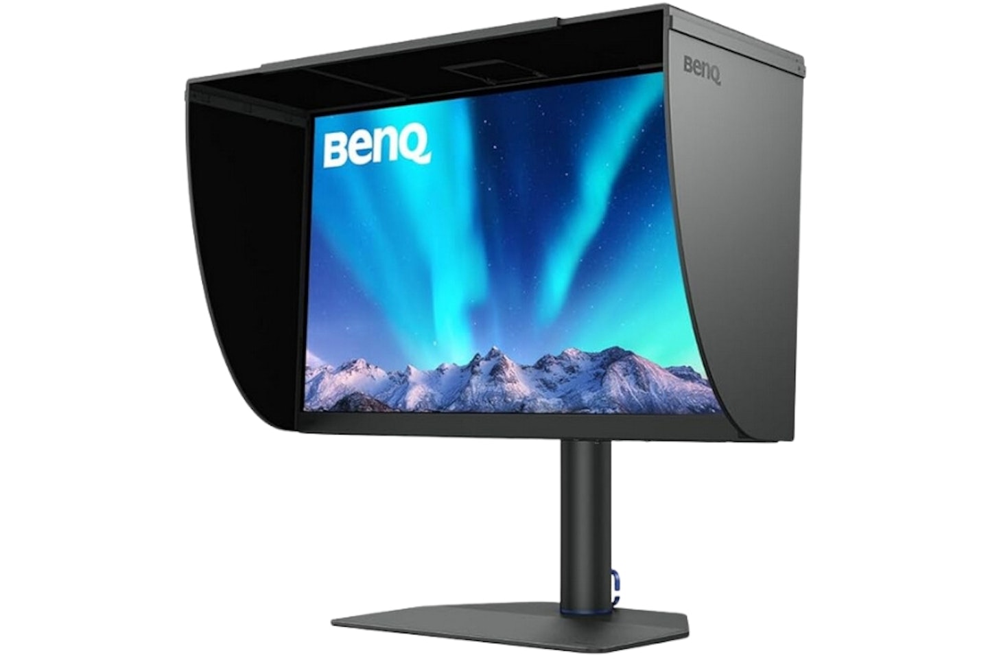 A black monitor with hood, the northern lights are on the background of the screen