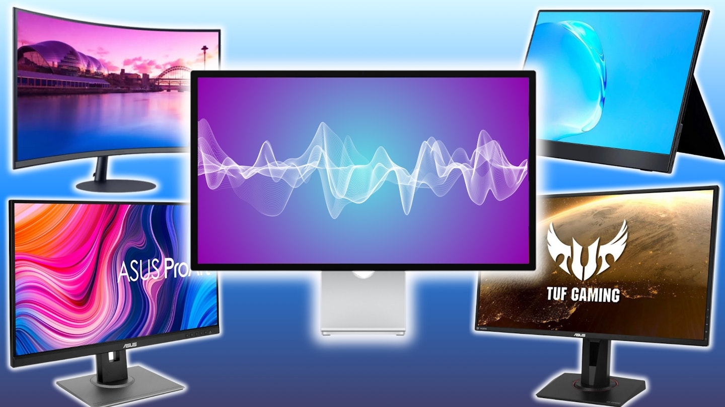 A selection of monitors discussed in the article against a colour gradient backdrop, audio waves are displayed on one of the screens