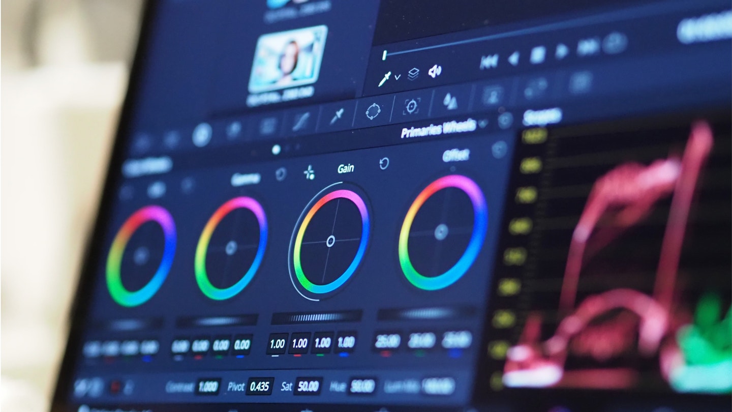 A screen from colour grading software with various colour wheels and scopes