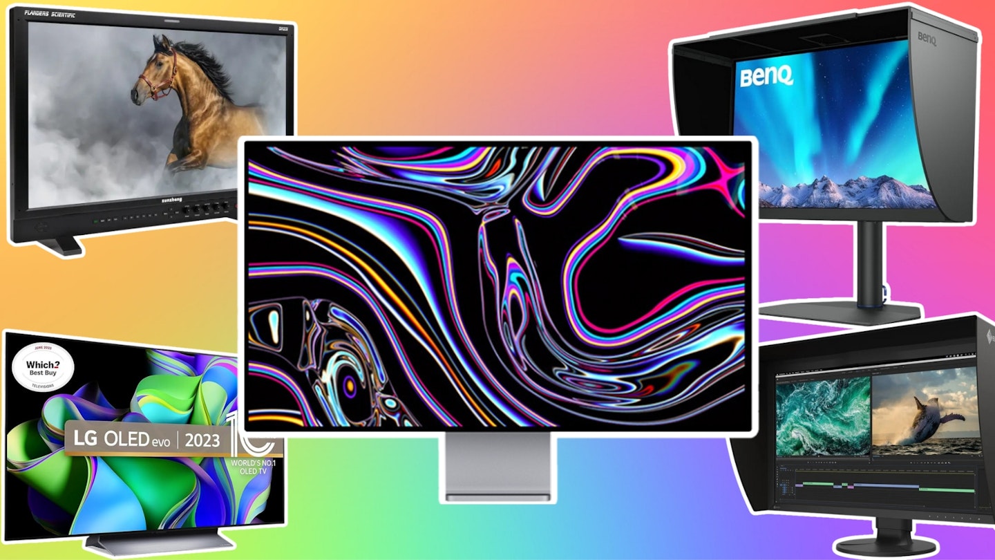 A selection of colour grading monitors discussed in the article against a rainbow background