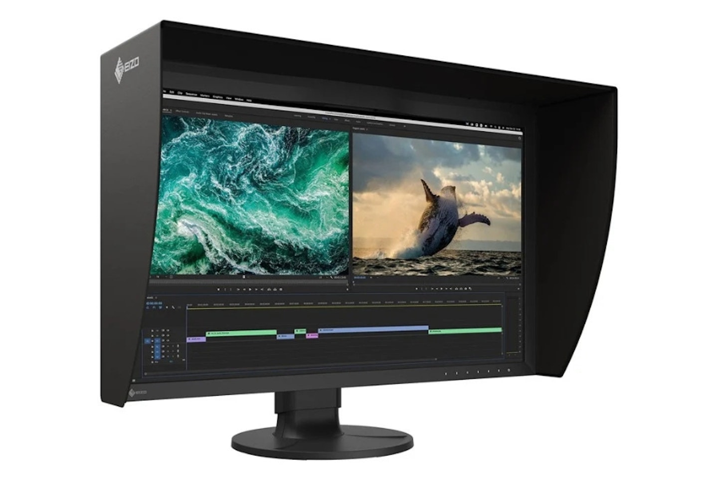 A black monitor with shading hood, an image of an edit timeline is on the monitor