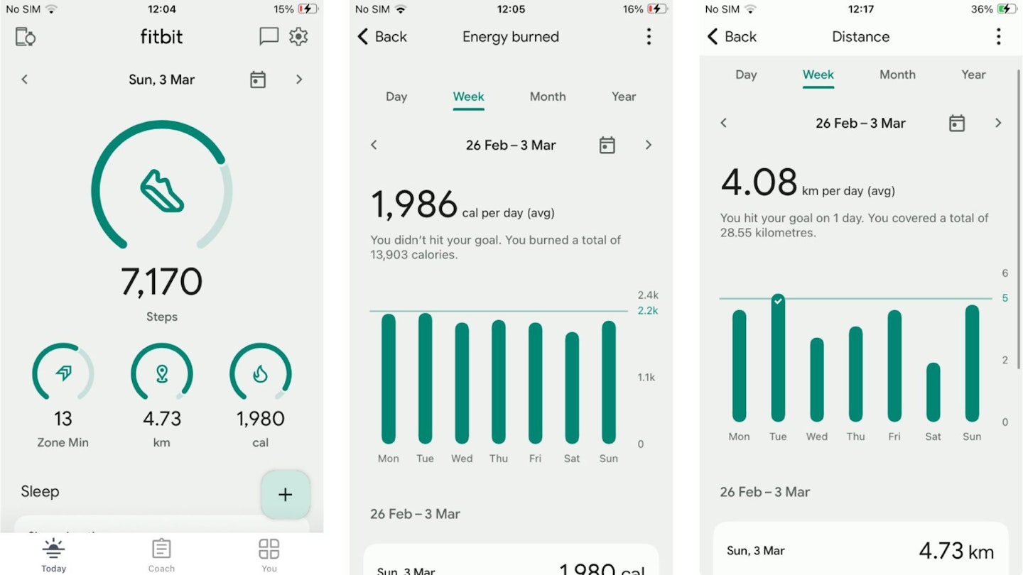 Screenshots of the 'You' tab, plus more detailed insights into specific metrics on the Fitbit app
